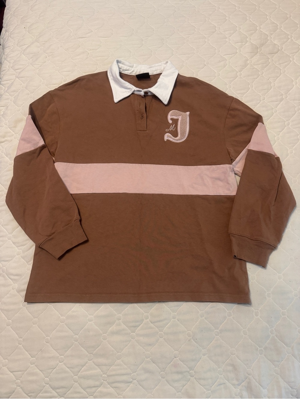Jordan Essentials Women’s Brown & Pale Pink Rugby Pullover with White Collar